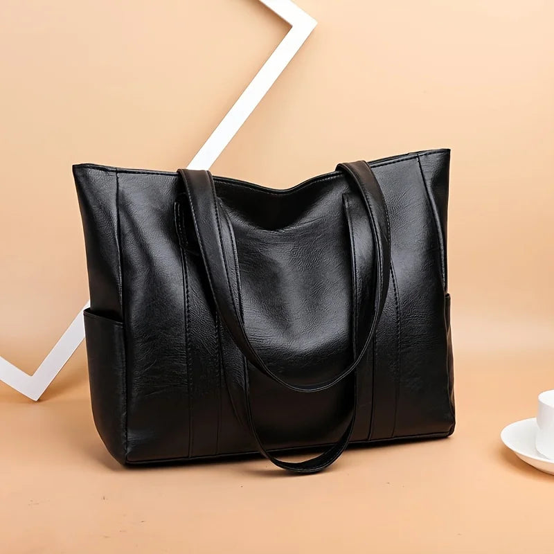 Large PU Leather Tote Bag with Zipper & Double Handles