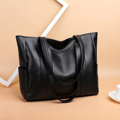 Large PU Leather Tote Bag with Zipper & Double Handles