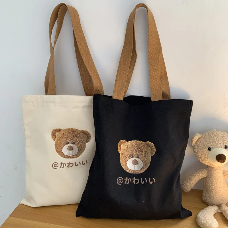 Bear Print Canvas Tote Bag – Large Capacity Shoulder Bag