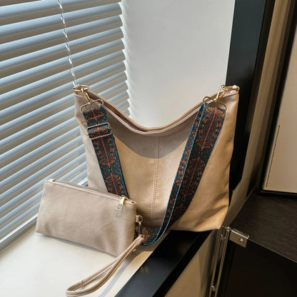 Retro PU Leather Bucket Tote Bag Set with Boho Wide Strap