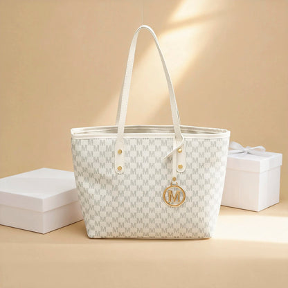 Tote Bag M Letter Print Pu Gold Pendant Decoration Zipper Large Capacity Water Resistant Shoulder