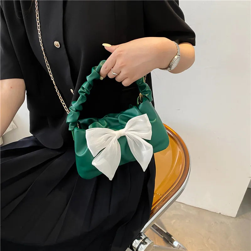 Bow Ruched Mini Crossbody Bag – Chic Chain Shoulder Purse for Women