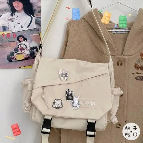 Kawaii Pins Decor Messenger Bag Release Buckle Decor Flap Crossbody Bag Large Capacity School Bag