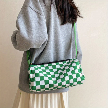Chic Plaid Canvas Crossbody Bag Women - Adjustable Strap Sporty Boston Pillow Design