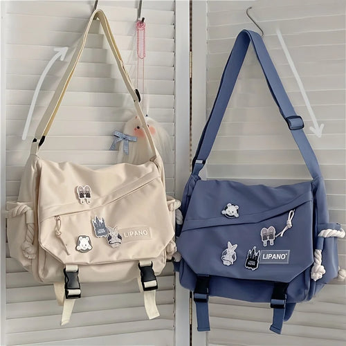 Kawaii Pins Decor Messenger Bag Release Buckle Decor Flap Crossbody Bag Large Capacity School Bag