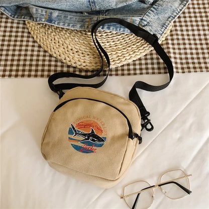 Canvas Mini Crossbody Bag – Graphic Shark Shoulder Purse for Women