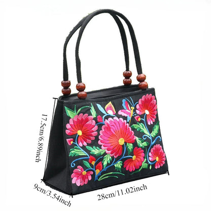 Embroidered Floral Handbag with Double Zipper & Beaded Handle