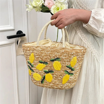 Straw Fruit Embroidery String Casual Sweet Tote Bags Spring