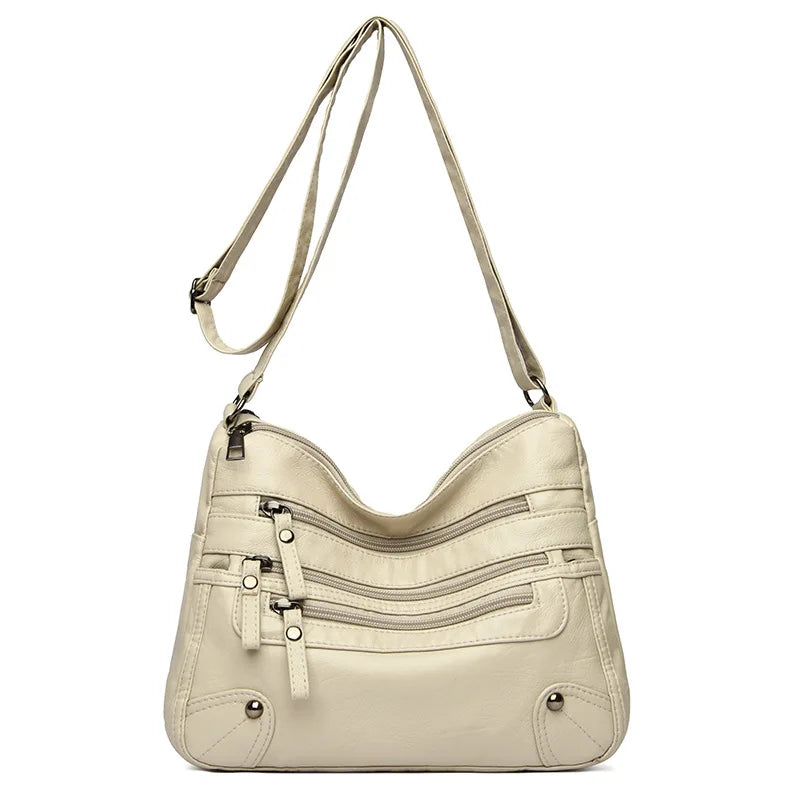 Soft Vegan Leather Crossbody Bag with Multi-Zipper Pockets