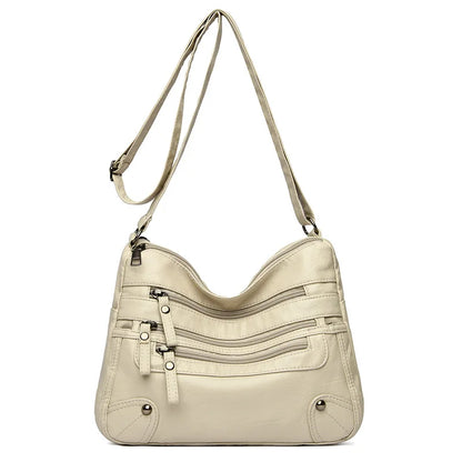 Soft Vegan Leather Crossbody Bag with Multi-Zipper Pockets