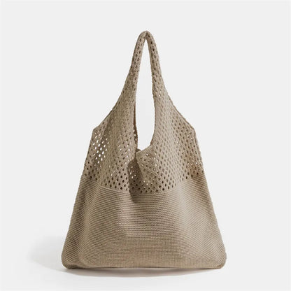 Hollow Out Knitted Handbag Shoulder Bag Solid Color Wool Knitting Bag Commuter Large Capacity