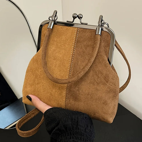 Vintage Suede Crossbody Bag with Kiss-Lock Closure