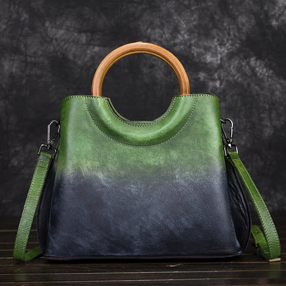 Vegetable-Tanned Genuine Leather Women S Bag Hand-Painted Retro Color-Blocking Hand-Held Crossbody