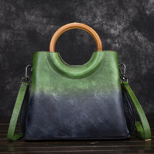 Vegetable-Tanned Genuine Leather Women S Bag Hand-Painted Retro Color-Blocking Hand-Held Crossbody