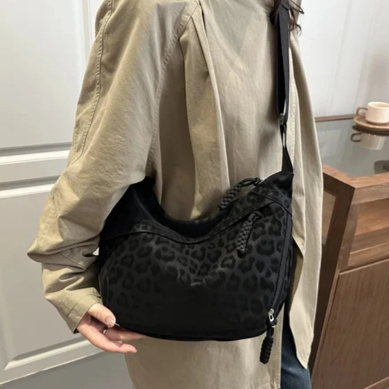 Women Leopard Print Crossbody Bag Large Capacity Hobo Shoulder Daily Commuter Multi Pocket Armpit