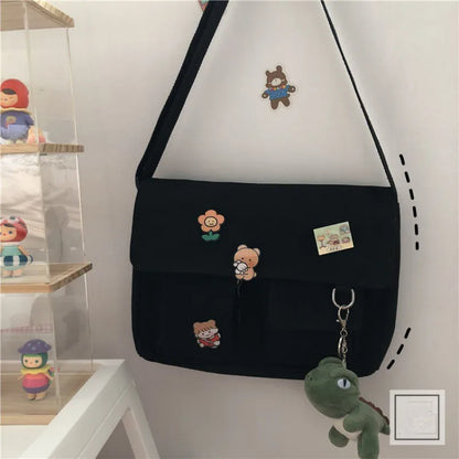 Harajuku Canvas Crossbody Bag with Cute Badge Pins