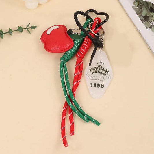 Y2K Apple Keychain Bag Charm with Woven Rope Tassel & Vintage Tag