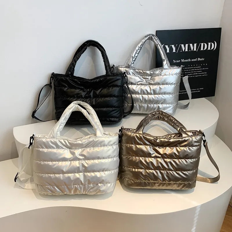 Puffer Quilted Tote Crossbody Bag with Wide Shoulder Strap
