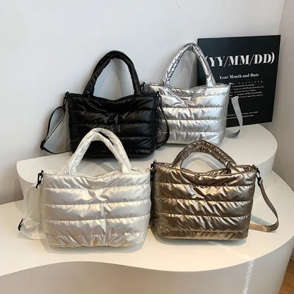 Puffer Quilted Tote Crossbody Bag with Wide Shoulder Strap