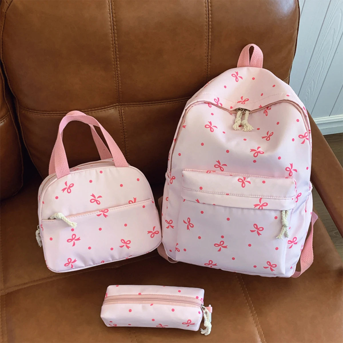 Campus Romance Trio Bow Pattern Backpack Handbag Quilted Multi-Pocket Large Capcity University Daily
