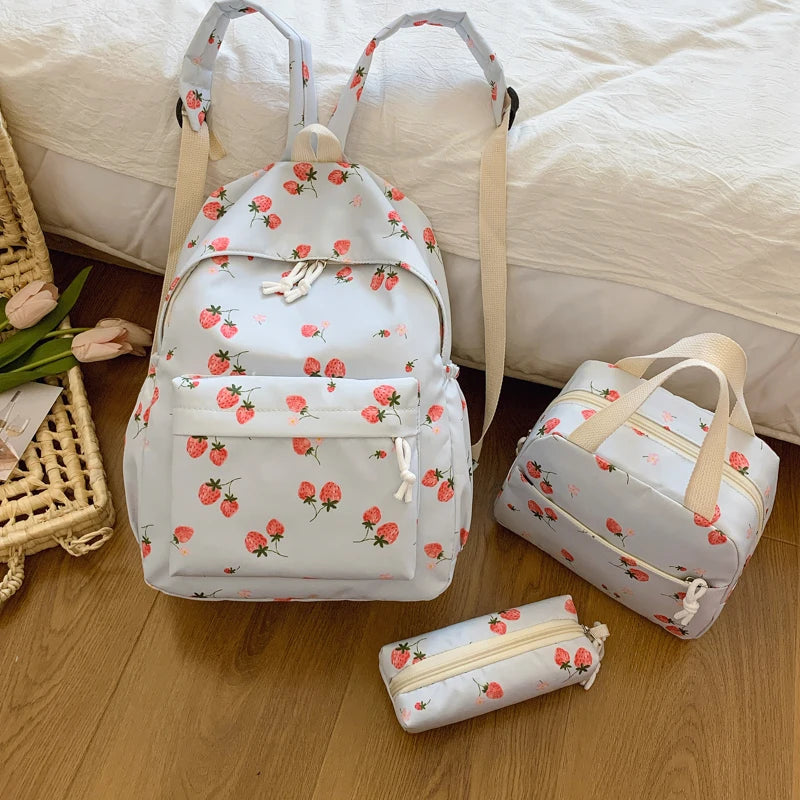 Cute Strawberry Pattern Backpack Set 3pcs Handbag Pencil Case Reinforced Nylon Dual Zipper School