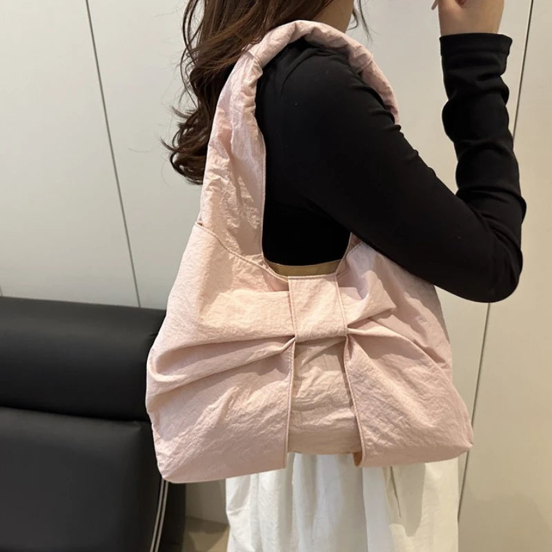 Checkered Canvas Tote Bag with Oversized Bow - Underarm Shoulder Handbag