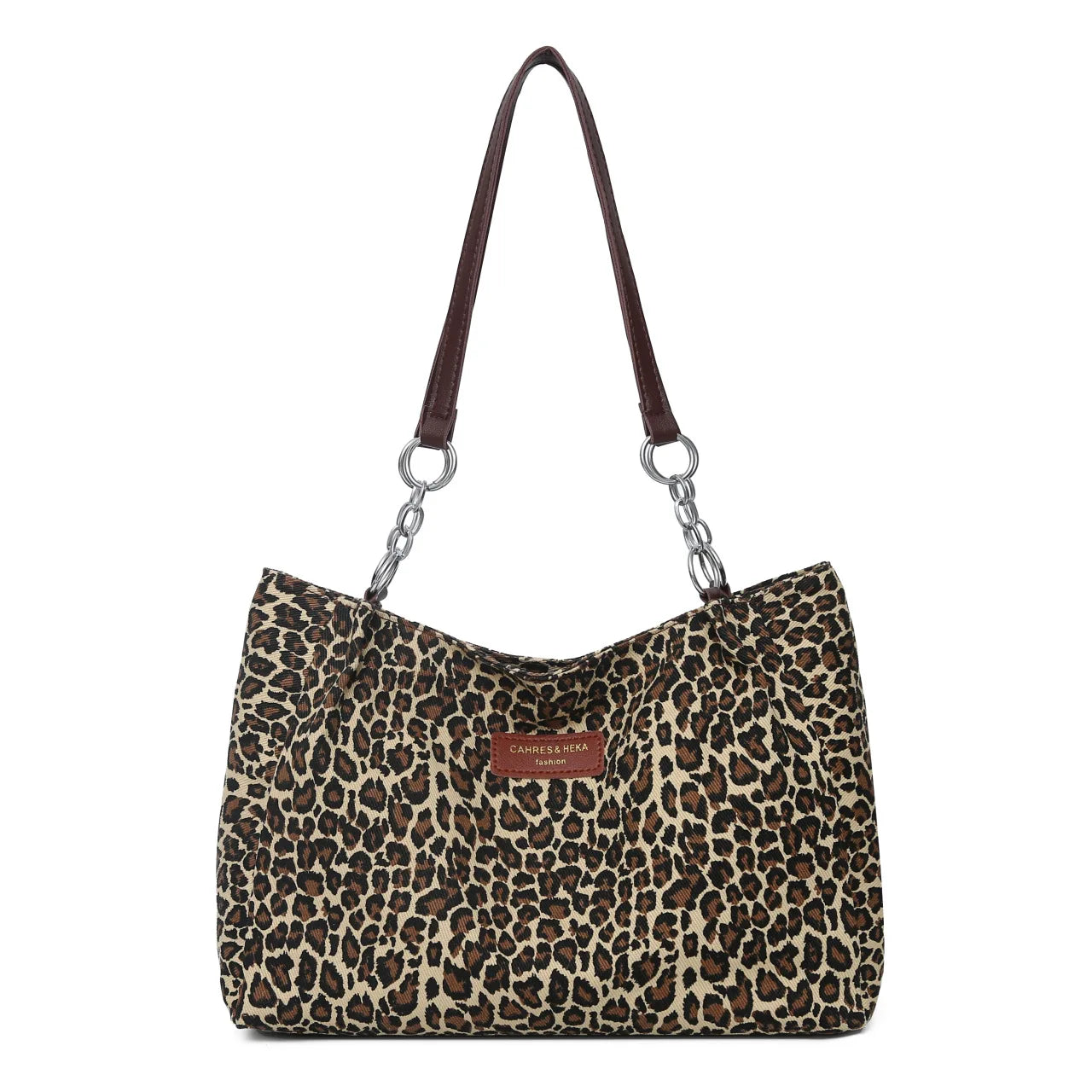 Chic Leopard Print Tote Bag Brown Leather Handles Silver Chain Accent Spacious Handbag Shoulder