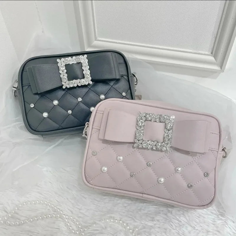 Sweet Knot Pearl Oulder Crossbody Bag Diamond Id Pattern Small Square Faionable Young Women Shoulder