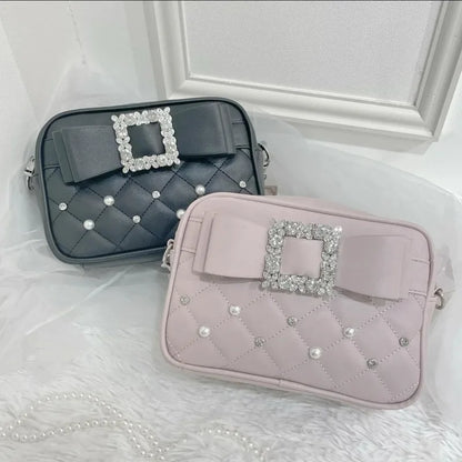Sweet Knot Pearl Oulder Crossbody Bag Diamond Id Pattern Small Square Faionable Young Women Shoulder