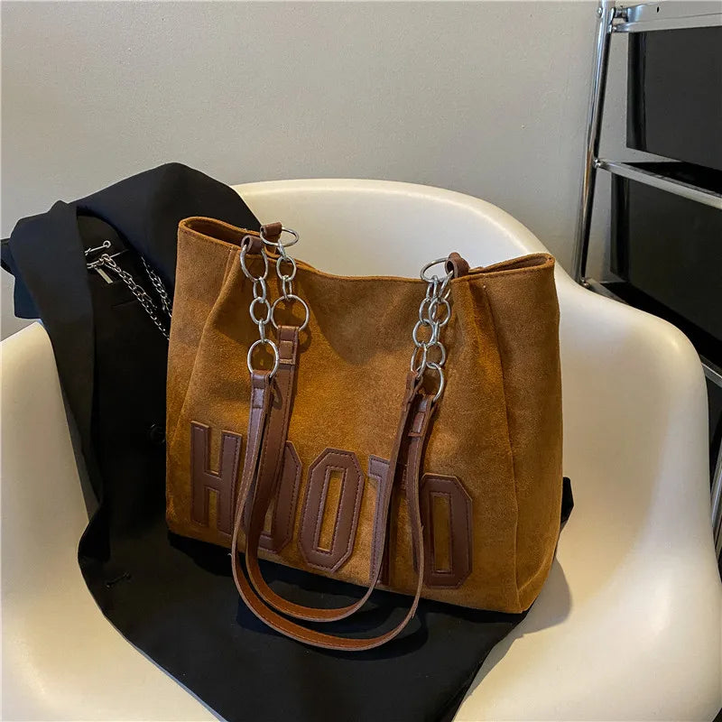 Large Capacity Nubuck Tote Bag with Letter Emboss & Chain Strap