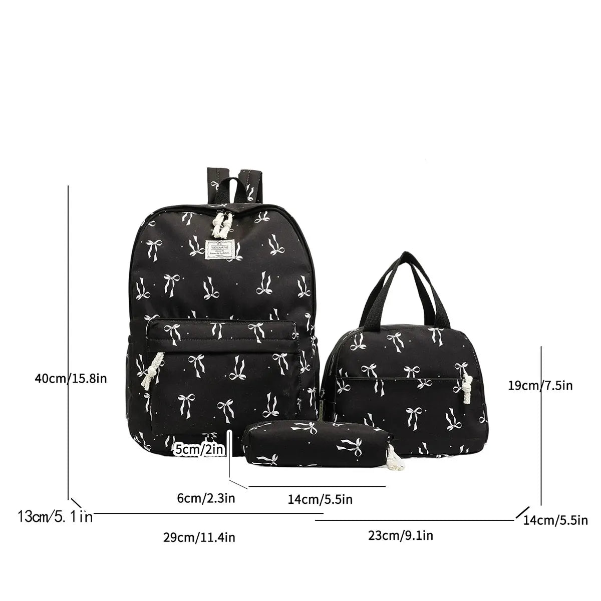 Sweet Girl Style Bow Print Three Piece Backpack Set Nylon Lightweight Large Capacity Campus