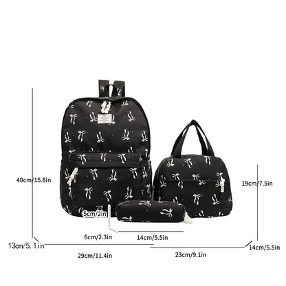 Sweet Girl Style Bow Print Three Piece Backpack Set Nylon Lightweight Large Capacity Campus