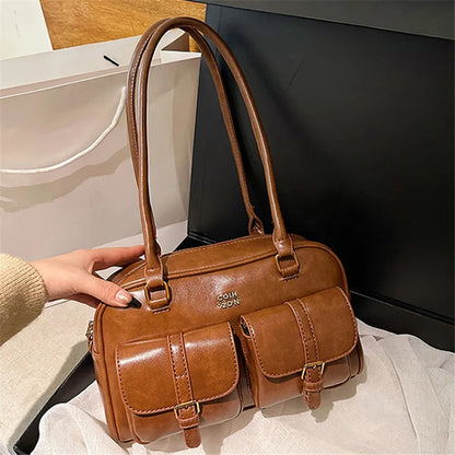 Multi-Pocket PU Leather Shoulder Bag with Decorative Charm