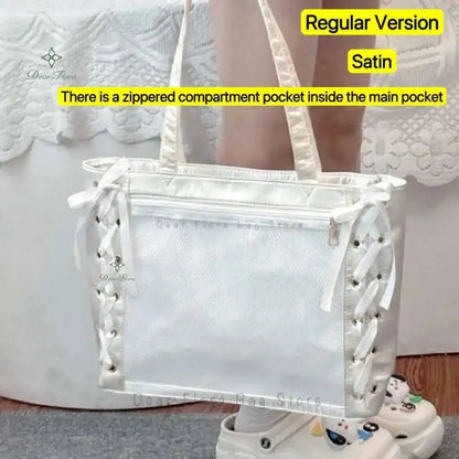 Japanese Sweet Women Ribbon Ita Bag Cute Lolita Girl Transparent Handbags Large Capacity Tote