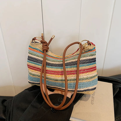Women S Striped Woven Straw Tote Bag - Lightweight Large Capacity Detachable Coin Purse Zip Closure