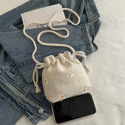 Premium Beach Grass Woven Mini Bucket Bag Pulling Rope Design Single Shoulder Crossbody Casual