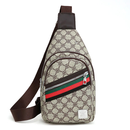 Sporty Functional Chest Bag Men Women Geometric Print Multi-Pocket Pu Headphone Port Shoulder
