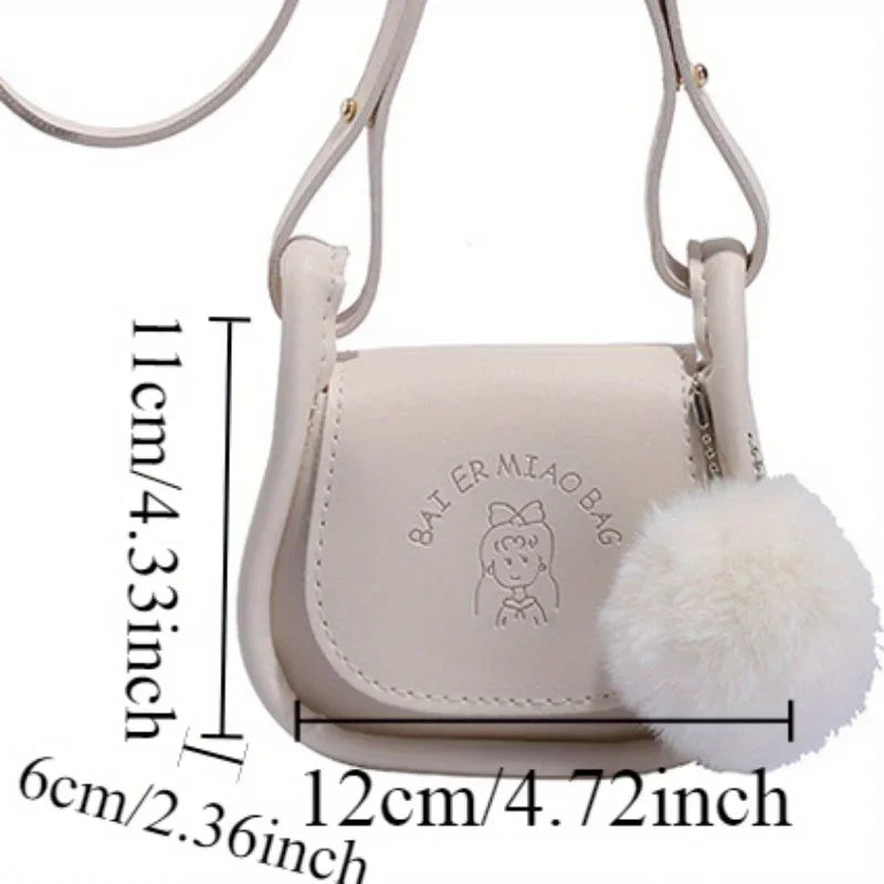 Mini PU Leather Shoulder Bag with Pompom Charm & Adjustable Strap