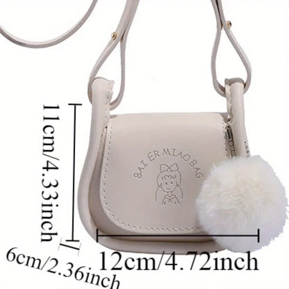 Mini PU Leather Shoulder Bag with Pompom Charm & Adjustable Strap