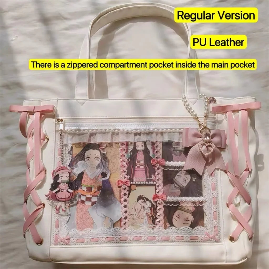 Japanese Sweet Women Ribbon Ita Bag Cute Lolita Girl Transparent Handbags Large Capacity Tote