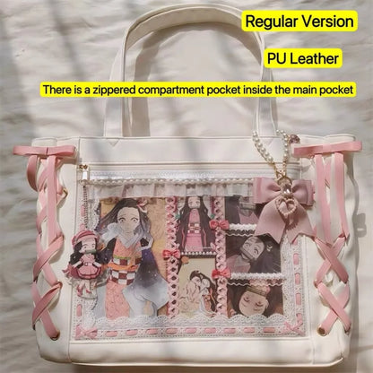 Japanese Sweet Women Ribbon Ita Bag Cute Lolita Girl Transparent Handbags Large Capacity Tote