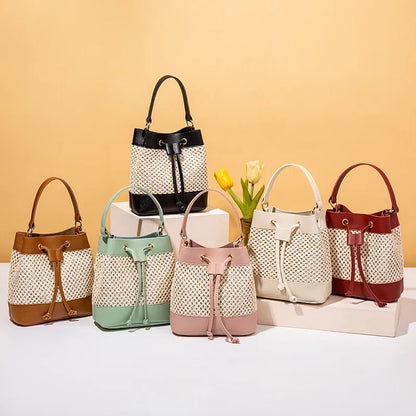 Faux Leather Straw Crossbody Bags Drawstring Closure