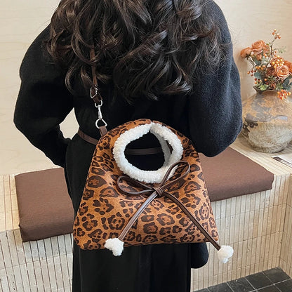 Winter Trend Casual Tote Faux Suede Bow Leopard Zipper Crossbody Bags High-End Design Sense Women S