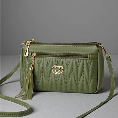 Quilted Crossbody Bag Double Heart Tassel Pendant Multi Zipper Pockets Shoulder Purse Adjustable