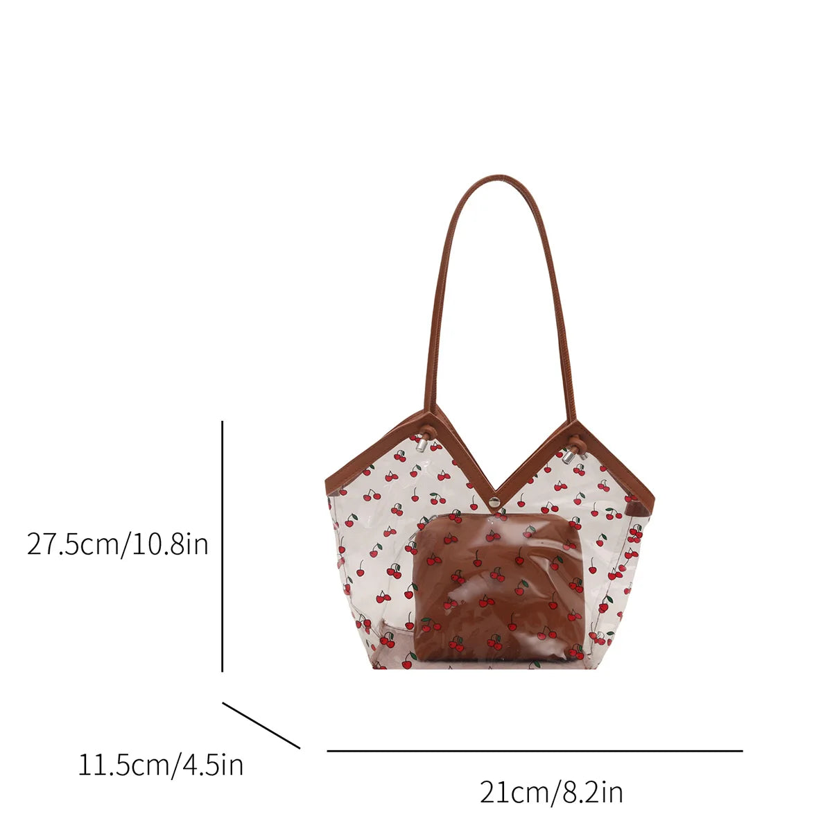 Women Tote Bag Transparent Pvc Cherry Pattern Shoulder Small Commute Shopping