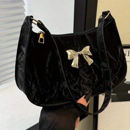 Bow Shoulder Bag – Women's Trendy Underarm Handbag with Metal Bow