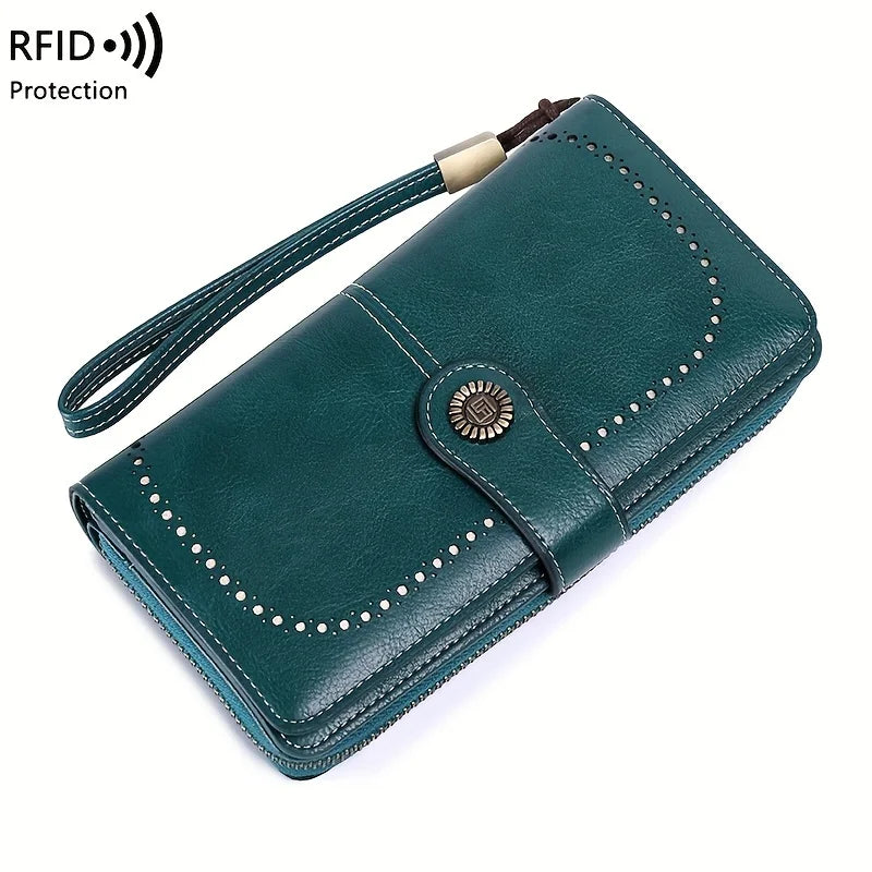 RFID Blocking Vintage Leather Wallet – Large Wristlet Clutch for Women
