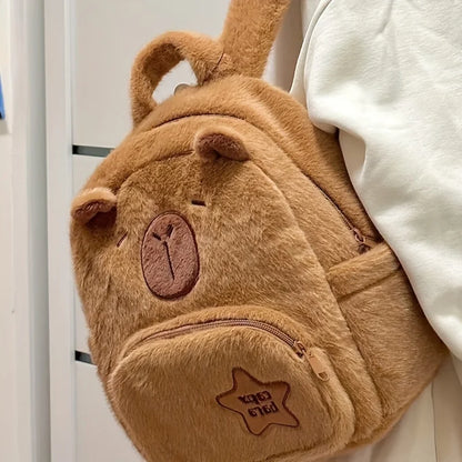 Capybara Plush Backpack – Cute Faux Fur Mini Bag