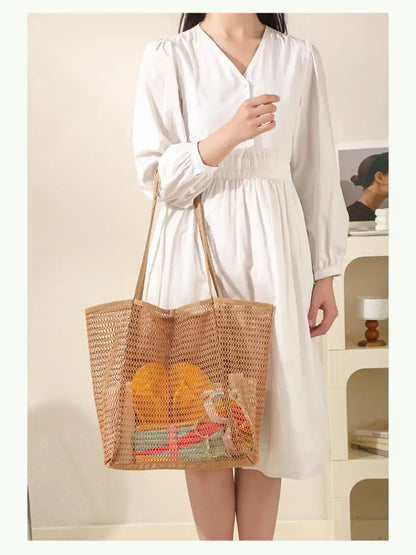Homefish Large Capacity Woven Polyester Beach Tote Bag Women Durable Open Top Travel Shopping Daily