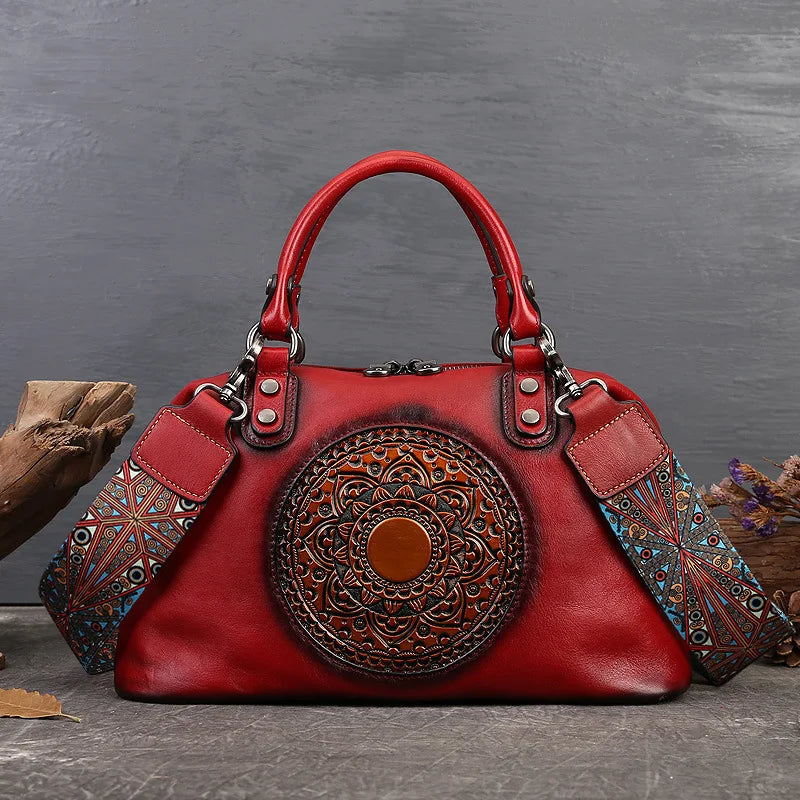 Embossed Totem Tote Bag Top-Grain Cowhide Commuter Handbag Large-Capacity Handcrafted